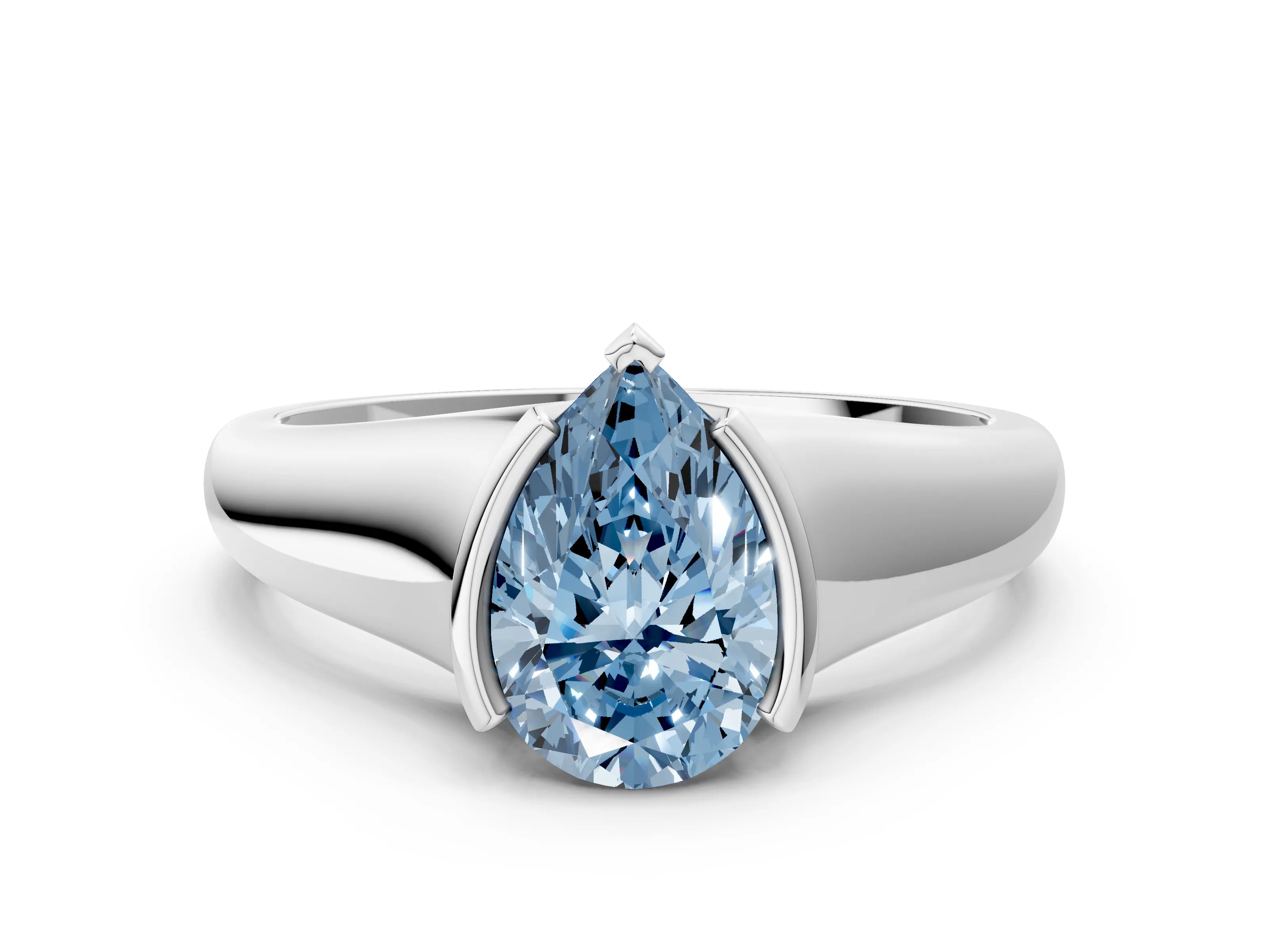 White gold Fancy Blue Pear Cut Solitaire Tension Set Diamond Ring with Split Shank Band