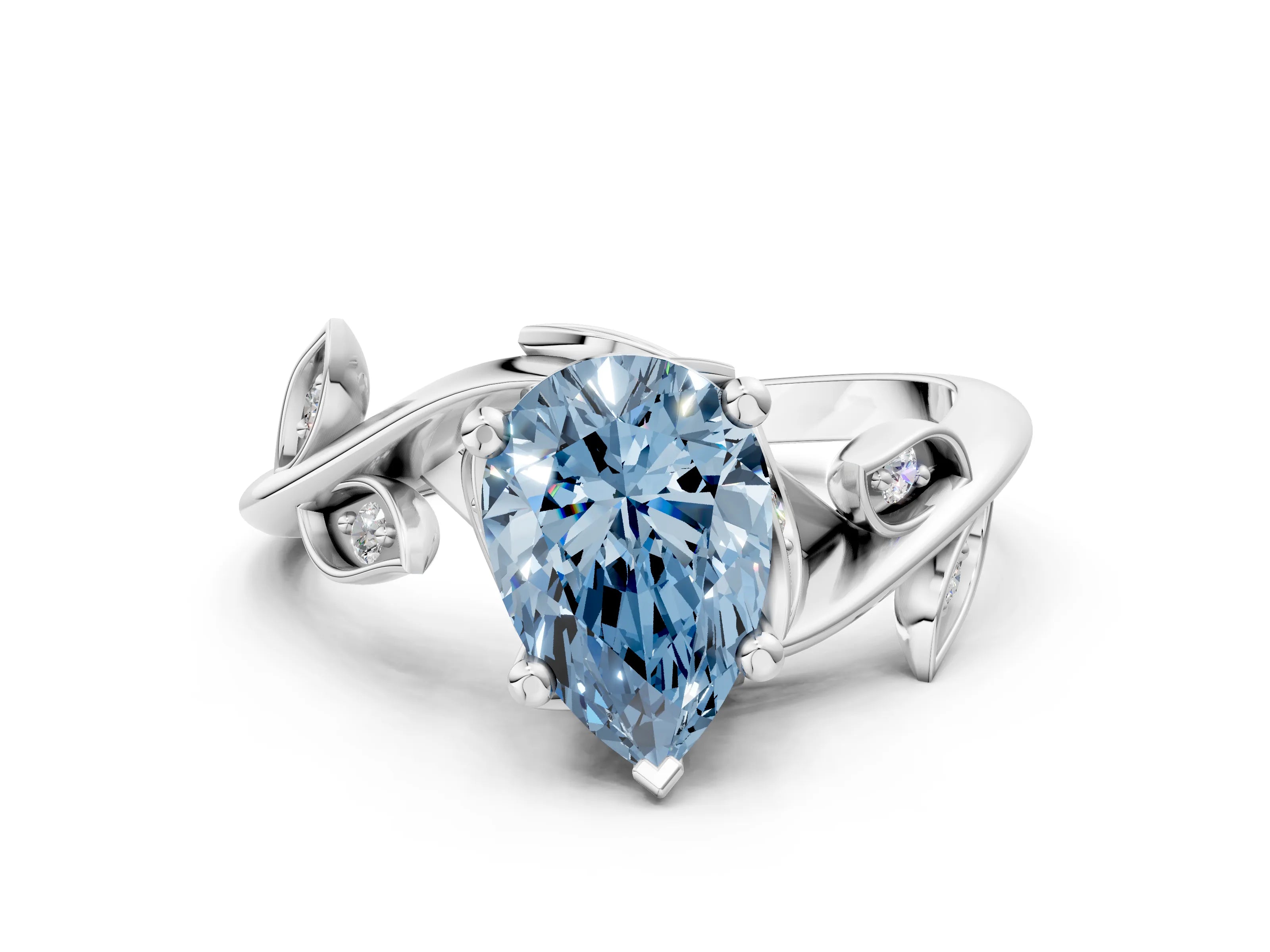 White gold Fancy Blue Pear Cut Solitaire Twist Engagement Ring with Leaf Accents and Prong Setting_12