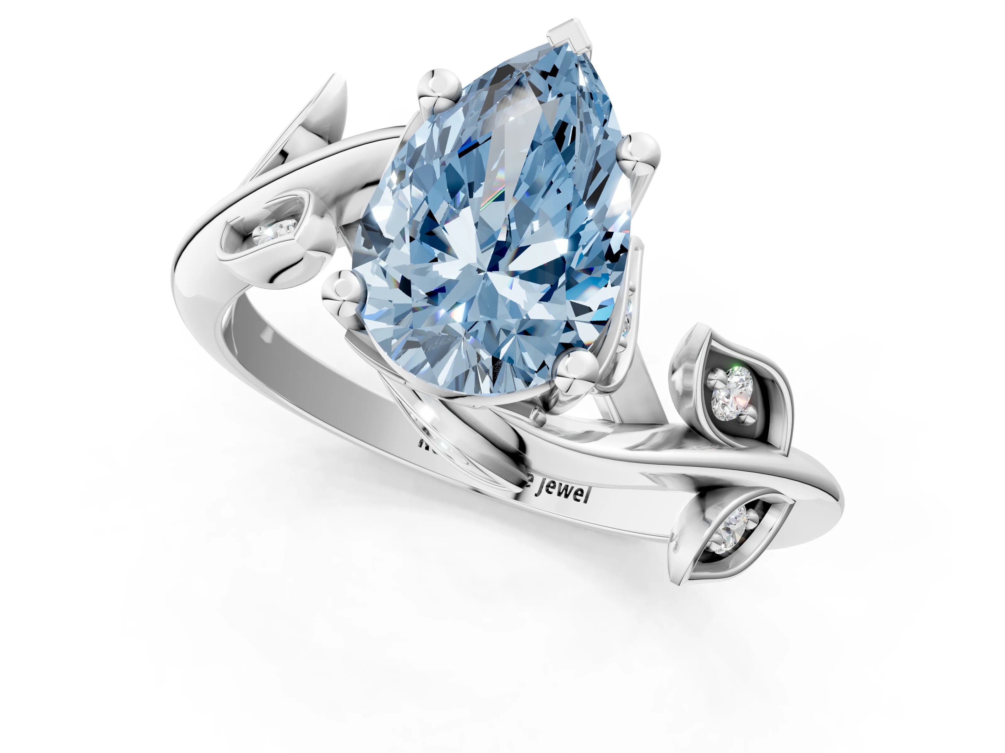 White gold Fancy Blue Pear Cut Solitaire Twist Engagement Ring with Leaf Accents and Prong Setting_13