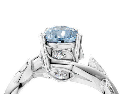 White gold Fancy Blue Pear Cut Solitaire Twist Engagement Ring with Leaf Accents and Prong Setting_16