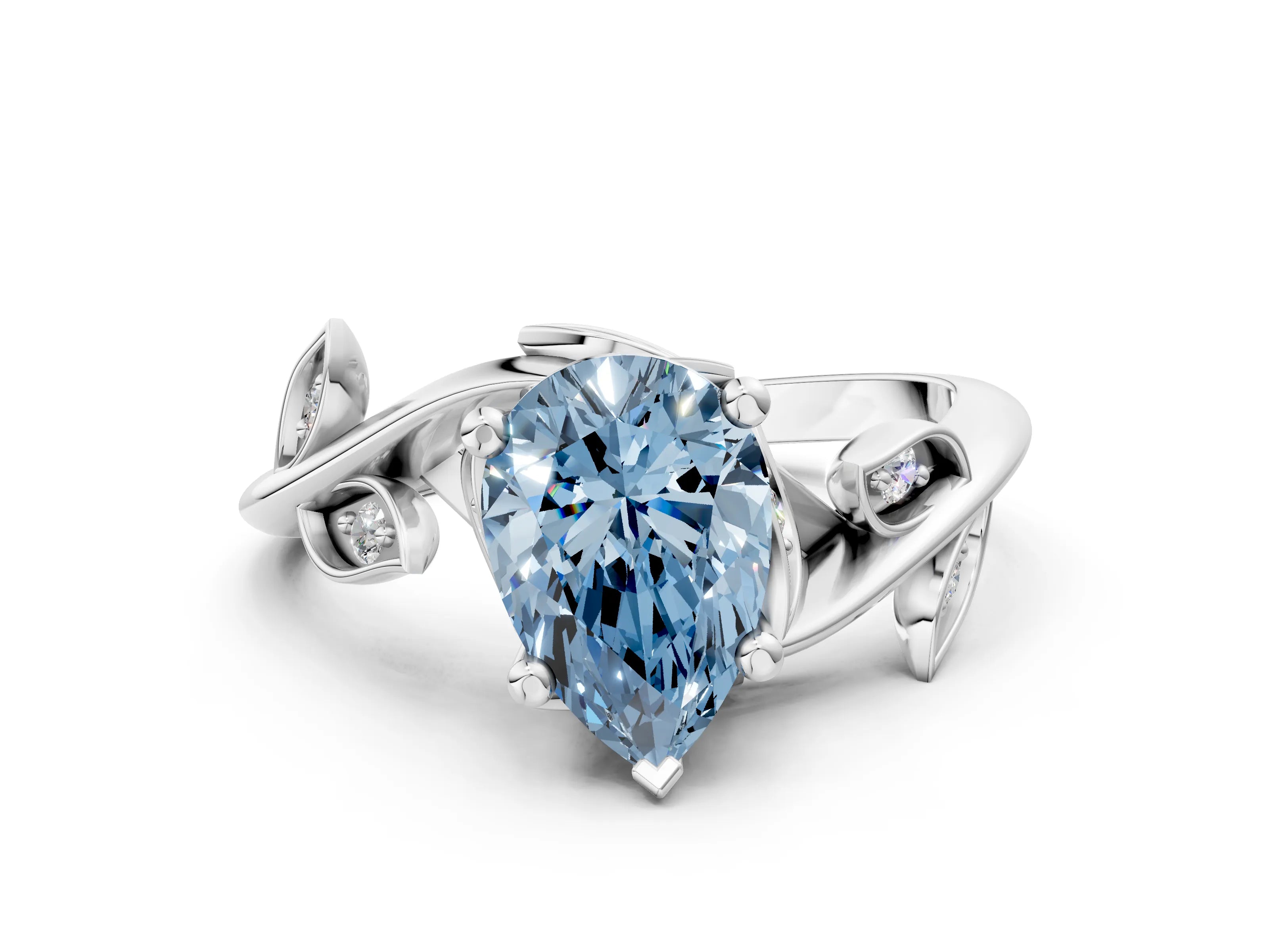 White gold Fancy Blue Pear Cut Solitaire Twist Engagement Ring with Leaf Accents and Prong Setting_2