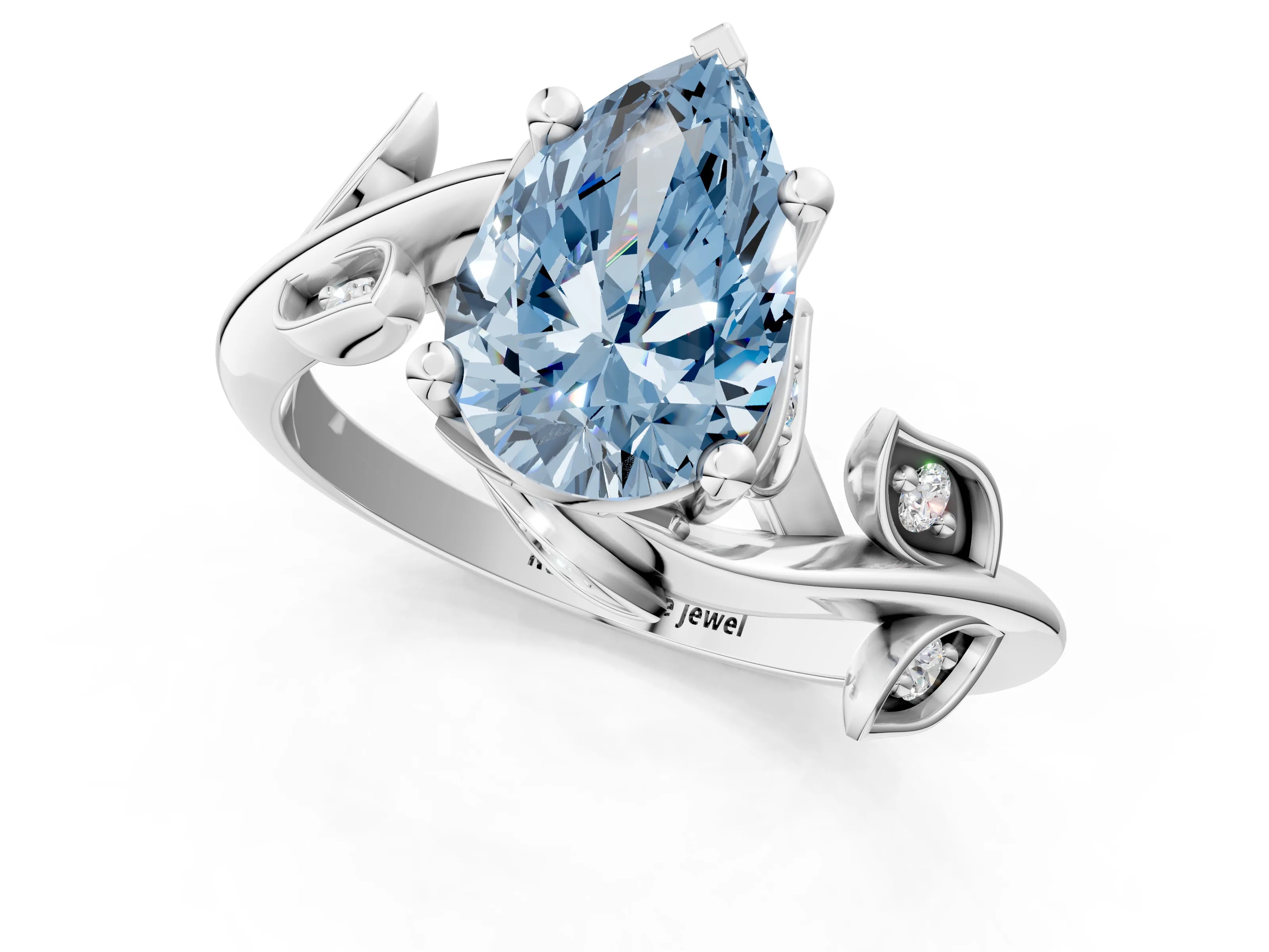 White gold Fancy Blue Pear Cut Solitaire Twist Engagement Ring with Leaf Accents and Prong Setting_3