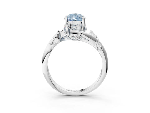 White gold Fancy Blue Pear Cut Solitaire Twist Engagement Ring with Leaf Accents and Prong Setting_3
