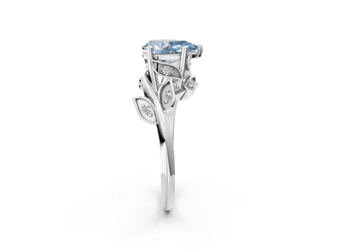 White gold Fancy Blue Pear Cut Solitaire Twist Engagement Ring with Leaf Accents and Prong Setting_4