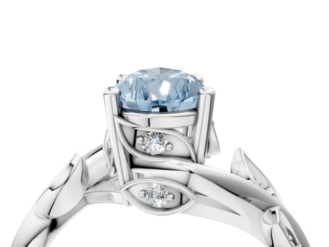 White gold Fancy Blue Pear Cut Solitaire Twist Engagement Ring with Leaf Accents and Prong Setting_6