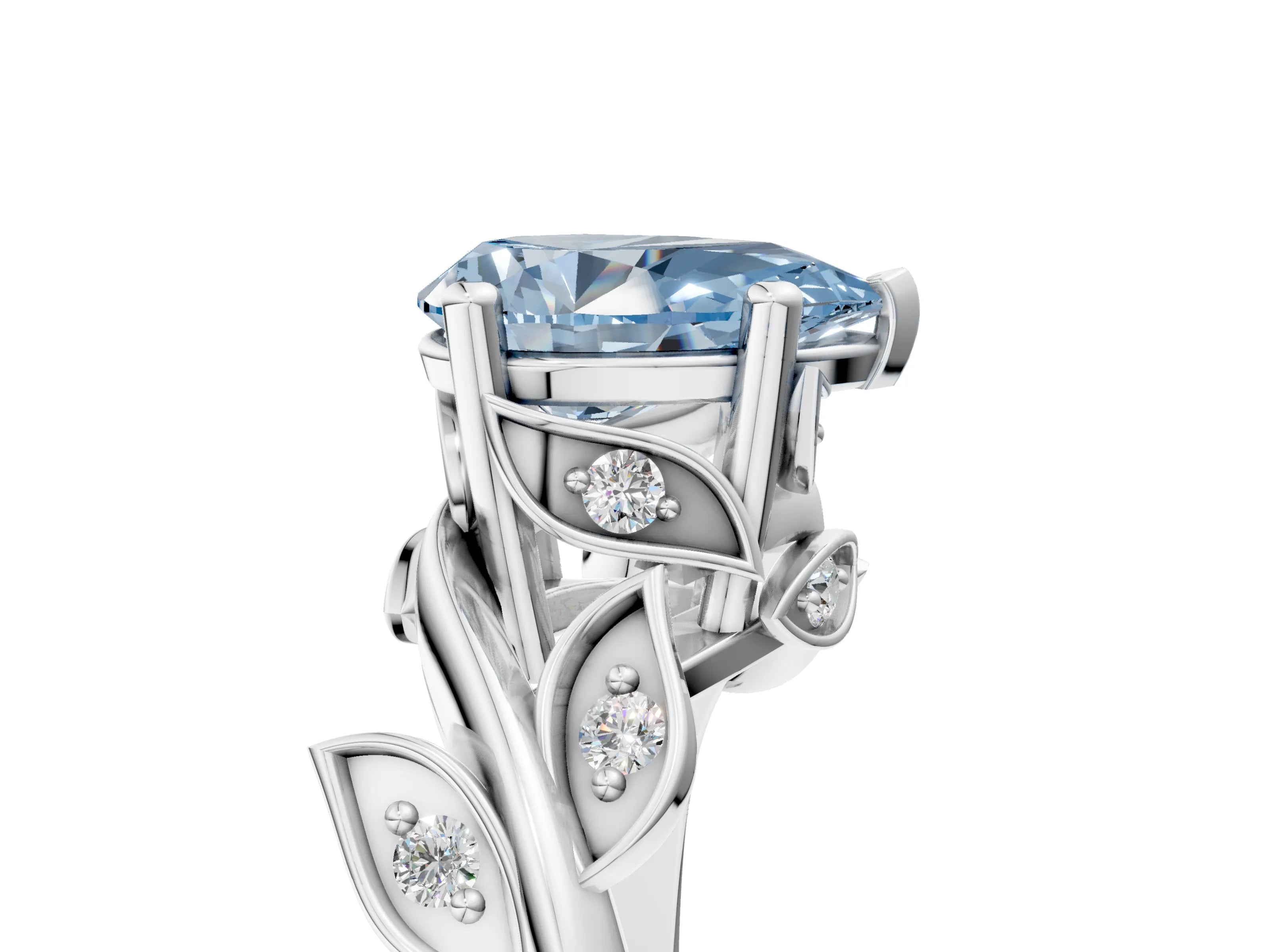 White gold Fancy Blue Pear Cut Solitaire Twist Engagement Ring with Leaf Accents and Prong Setting_7