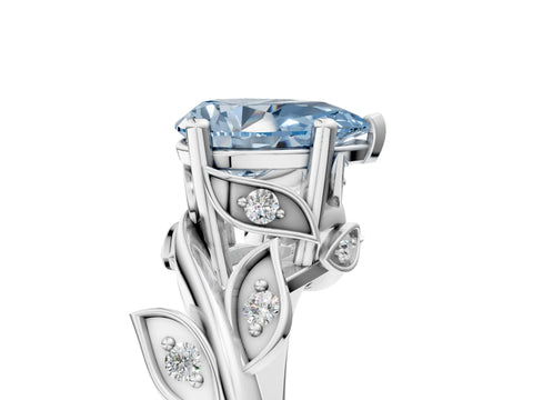 White gold Fancy Blue Pear Cut Solitaire Twist Engagement Ring with Leaf Accents and Prong Setting_7
