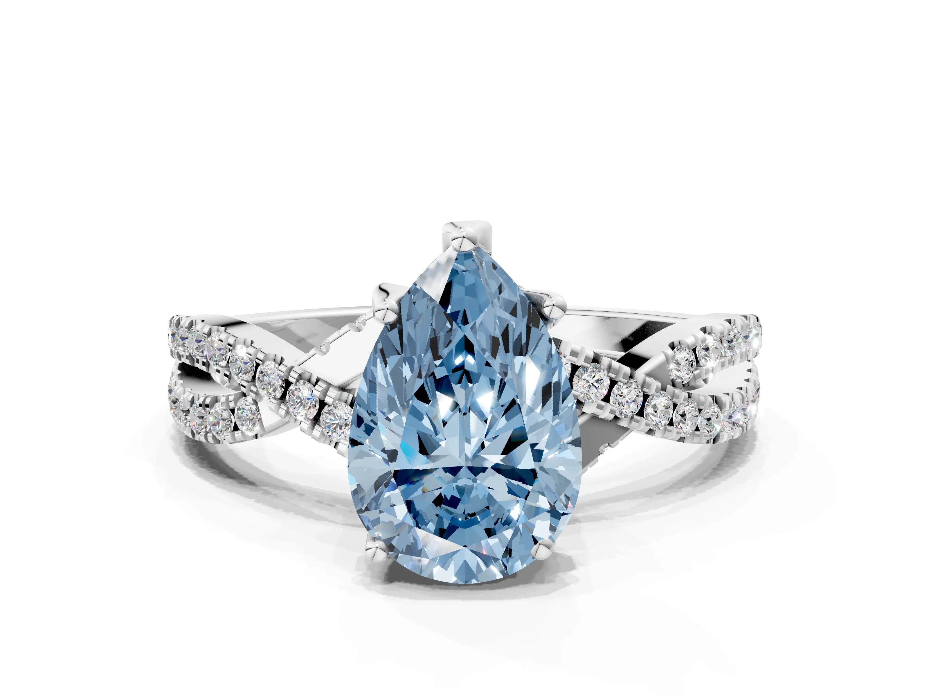 White gold Fancy Blue Pear Cut Solitaire Twist Pave Diamond Engagement Ring with Prong Setting