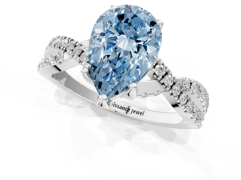 White gold Fancy Blue Pear Cut Solitaire Twist Pave Diamond Engagement Ring with Prong Setting_1