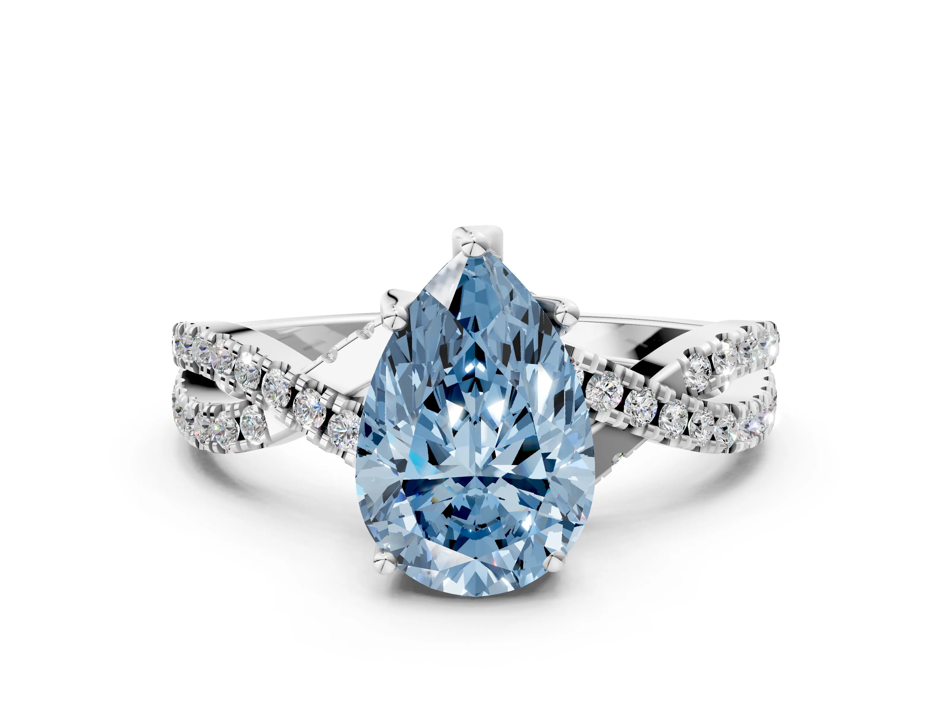 White gold Fancy Blue Pear Cut Solitaire Twist Pave Diamond Engagement Ring with Prong Setting