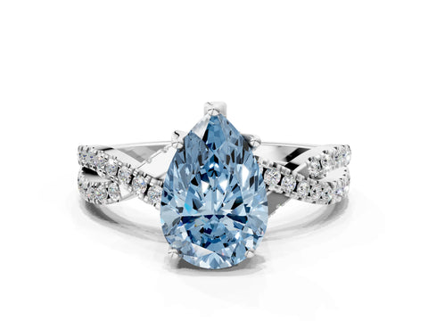 White gold Fancy Blue Pear Cut Solitaire Twist Pave Diamond Engagement Ring with Prong Setting