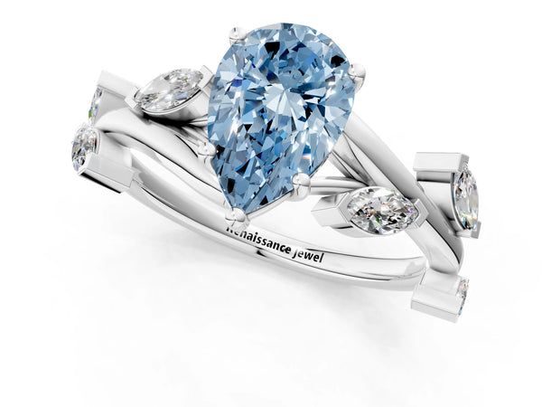White gold Fancy Blue Pear Cut Solitaire Twisted Band Marquise Accent Prong Setting Ring