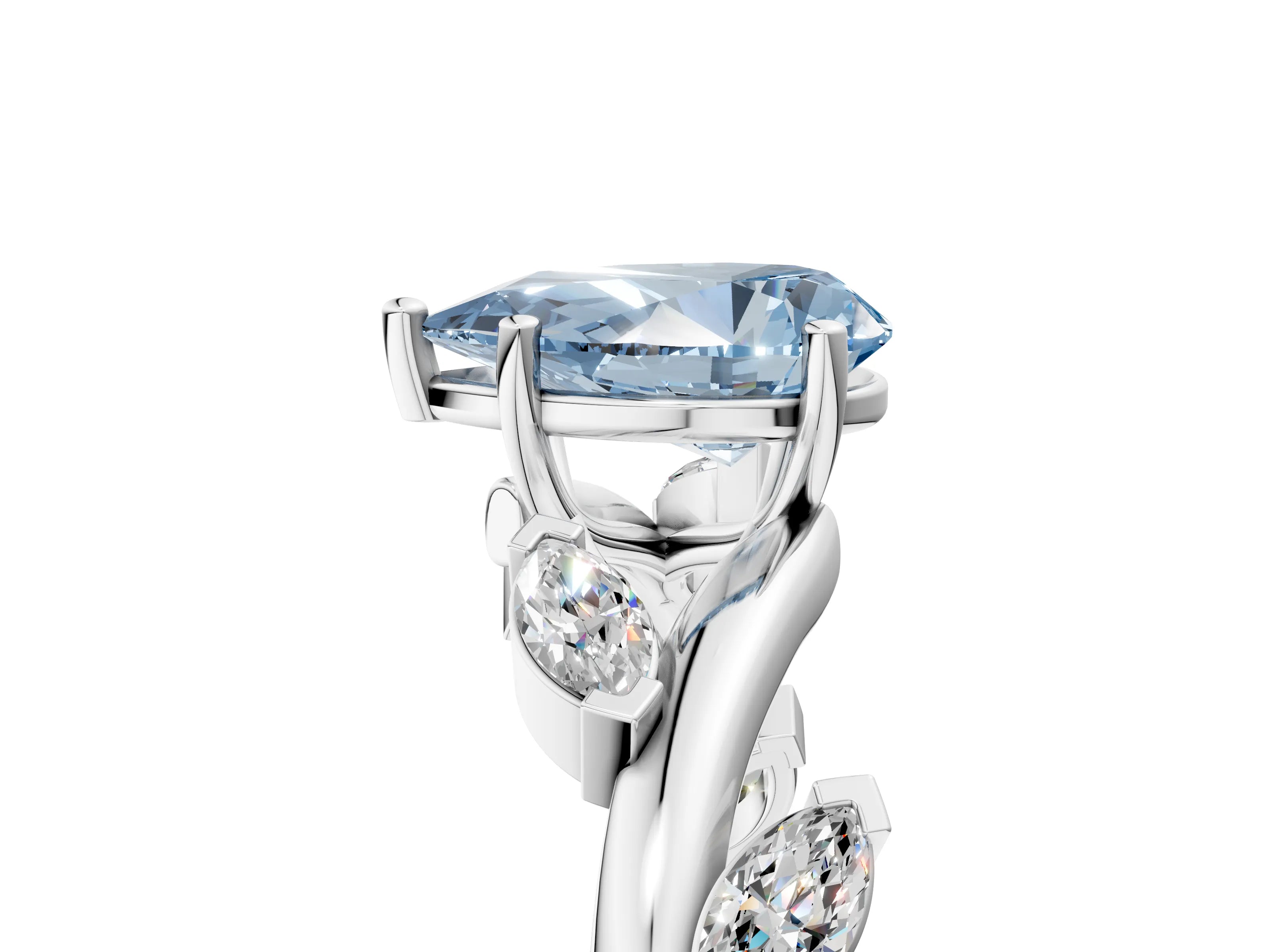 White gold Fancy Blue Pear Cut Solitaire Twisted Band Marquise Accent Prong Setting Ring_5