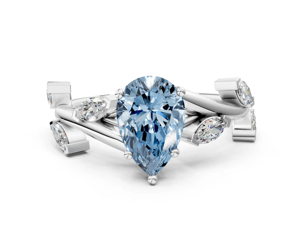 White gold Fancy Blue Pear Cut Solitaire Twisted Band Marquise Accent Prong Setting Ring
