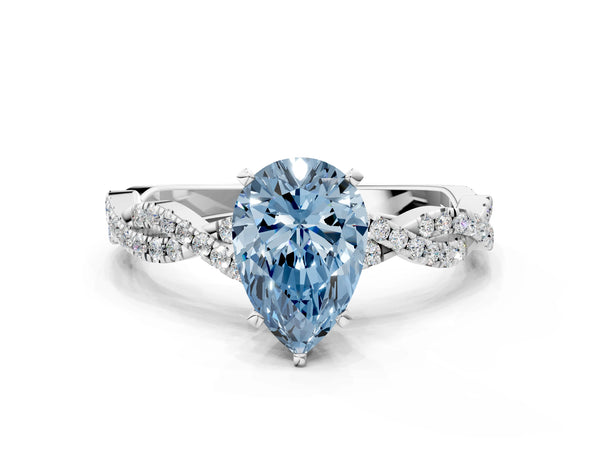 Platinum Fancy Blue Pear Cut Solitaire Twisted Pave Band with Four-Prong Setting