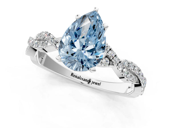 Platinum Fancy Blue Pear Cut Solitaire Twisted Pave Band with Four-Prong Setting