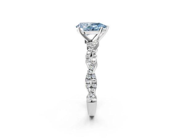 Platinum Fancy Blue Pear Cut Solitaire Twisted Pave Band with Four-Prong Setting