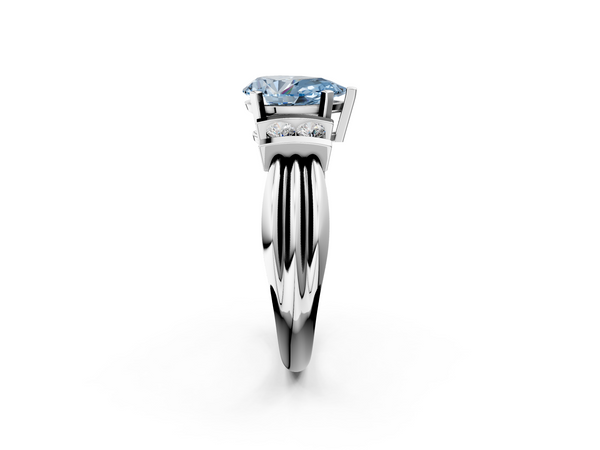 Platinum Fancy Blue Pear  Cut Three-Stone Channel Set Ring with Bar Prongs