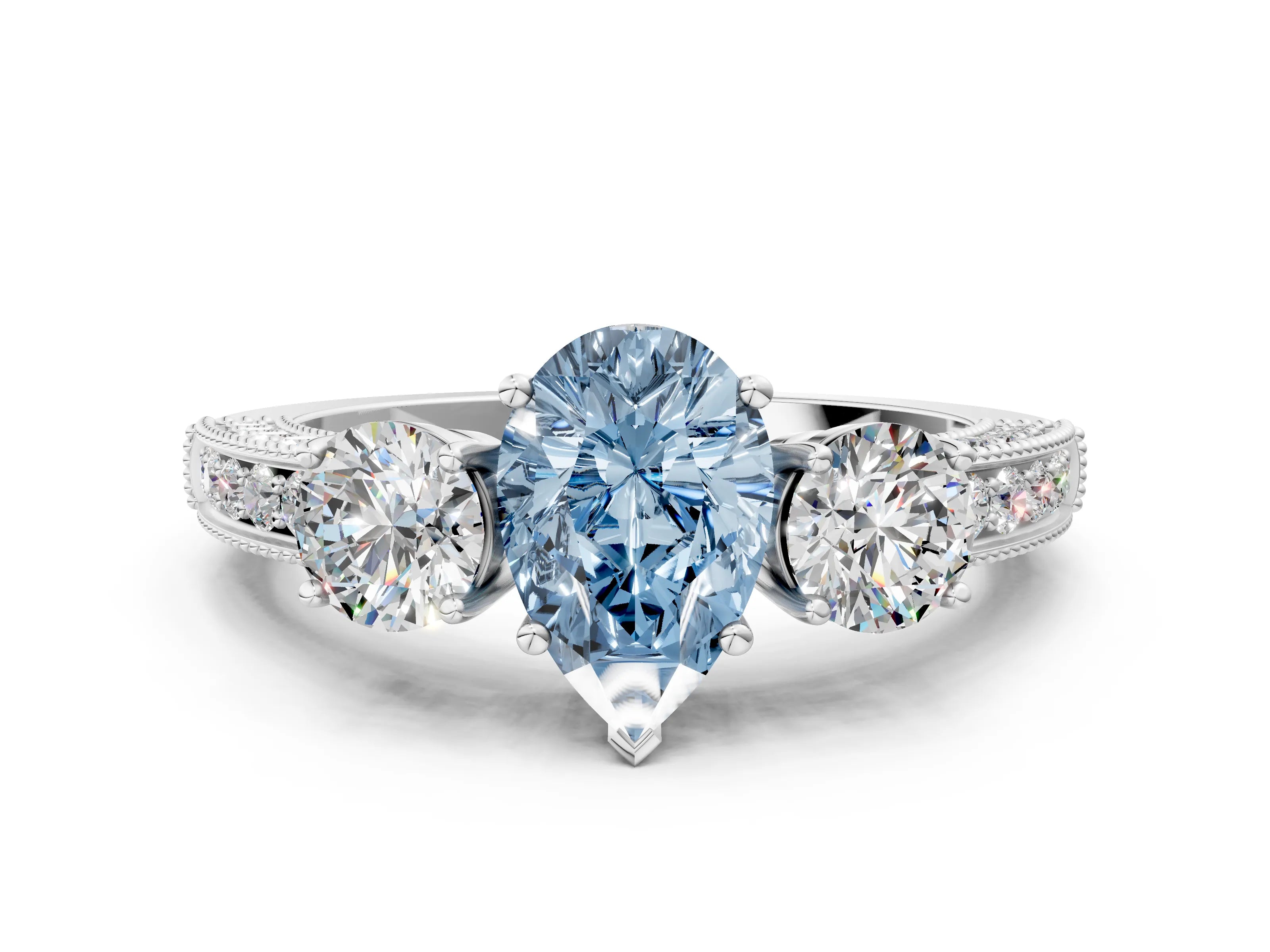 White gold Fancy Blue Pear Cut Three-Stone Diamond Ring with Pavé Band and Four-Prong Setting_12