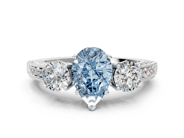 Platinum Fancy Blue Pear Cut Three-Stone Diamond Ring with Pavé Band and Four-Prong Setting