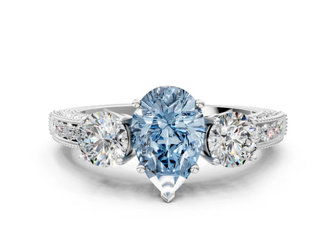 White gold Fancy Blue Pear Cut Three-Stone Diamond Ring with Pavé Band and Four-Prong Setting_12