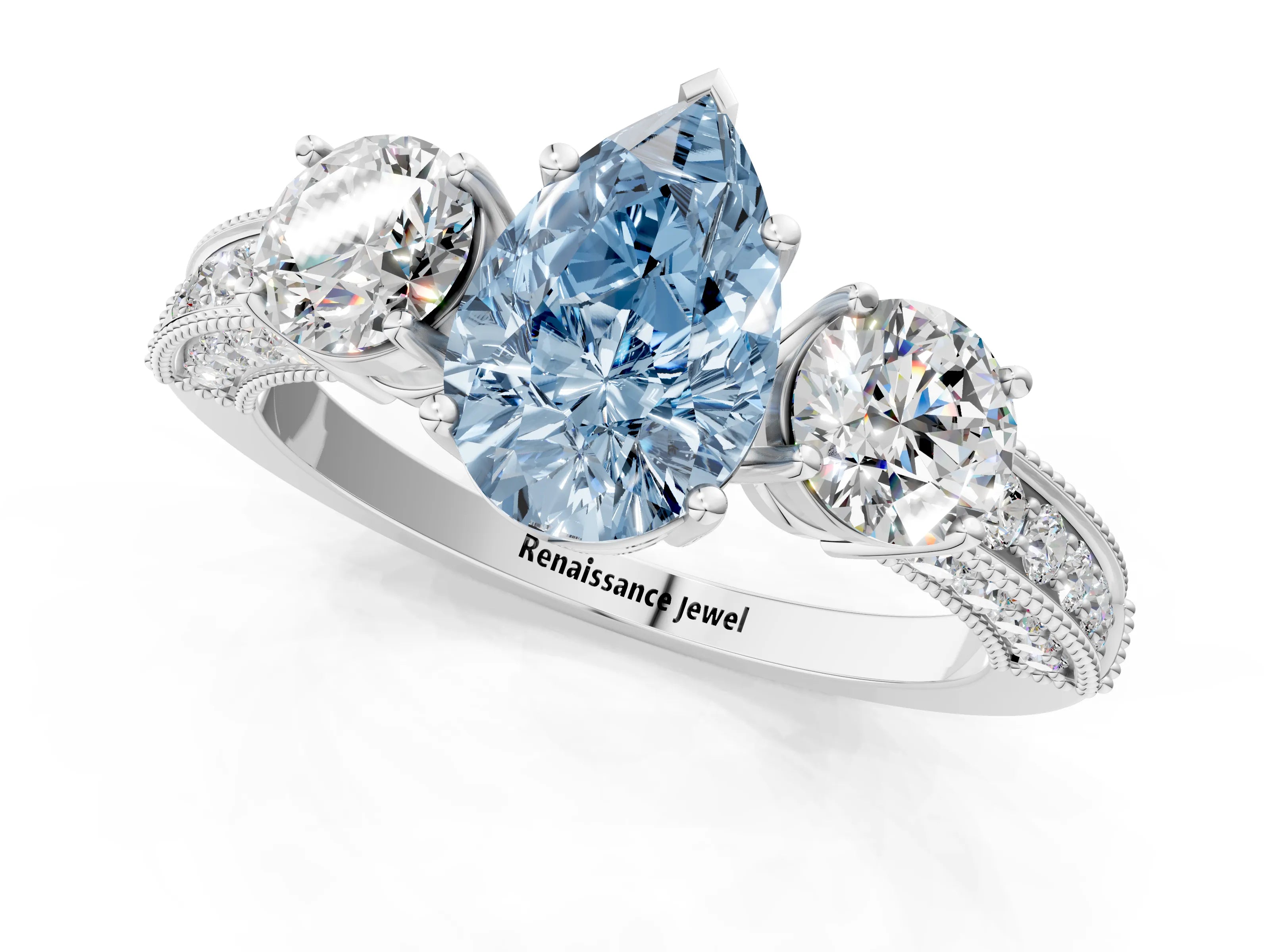 White gold Fancy Blue Pear Cut Three-Stone Diamond Ring with Pavé Band and Four-Prong Setting_13