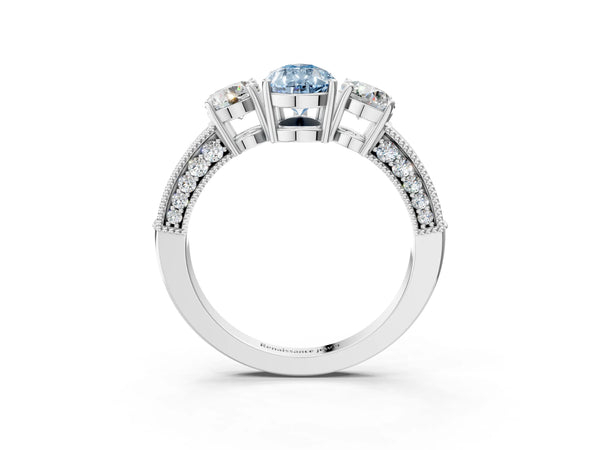 Platinum Fancy Blue Pear Cut Three-Stone Diamond Ring with Pavé Band and Four-Prong Setting