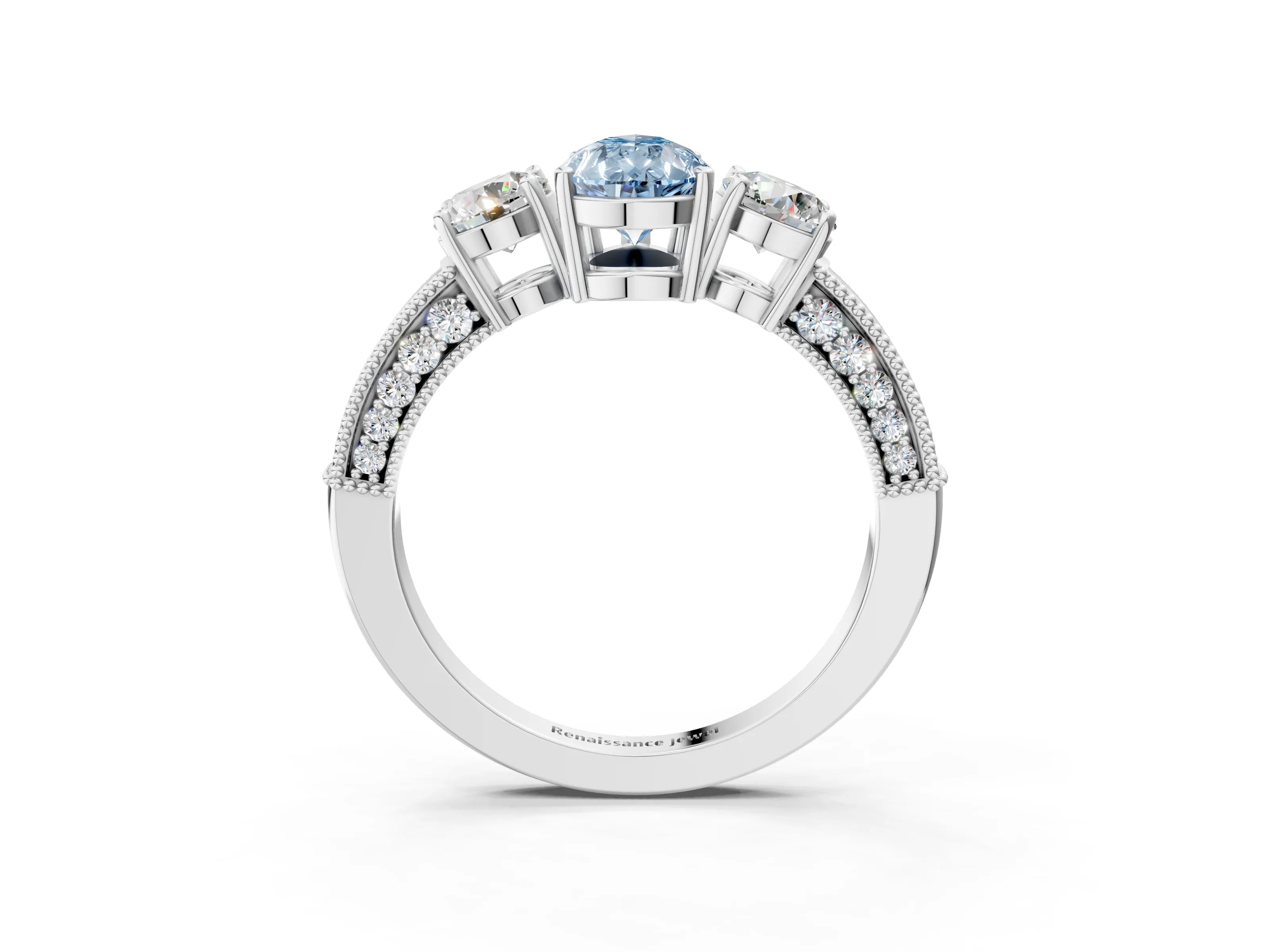 White gold Fancy Blue Pear Cut Three-Stone Diamond Ring with Pavé Band and Four-Prong Setting_15