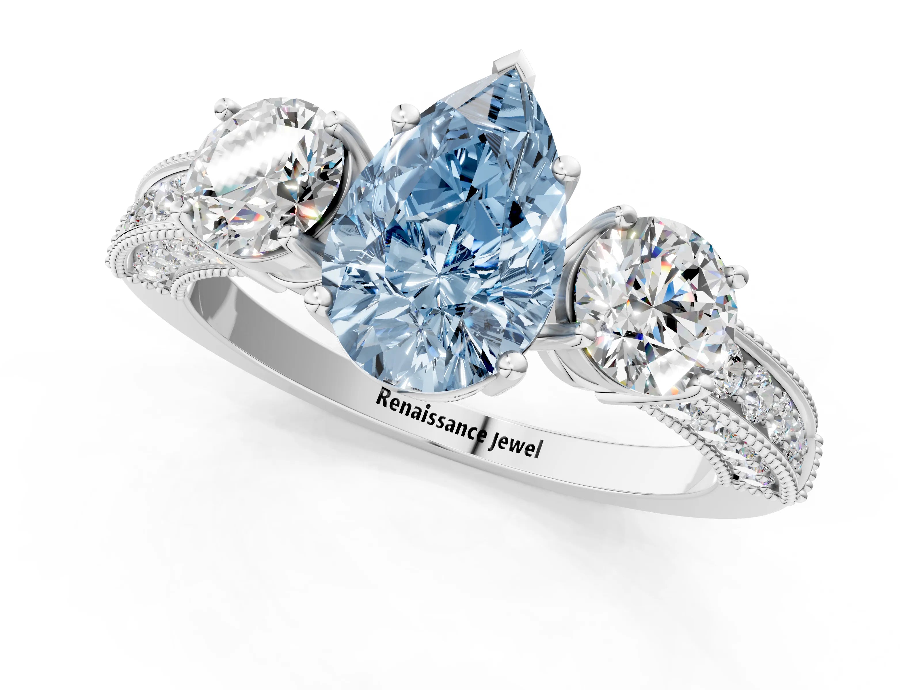 White gold Fancy Blue Pear Cut Three-Stone Diamond Ring with Pavé Band and Four-Prong Setting_1