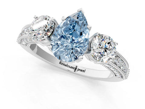 White gold Fancy Blue Pear Cut Three-Stone Diamond Ring with Pavé Band and Four-Prong Setting_1