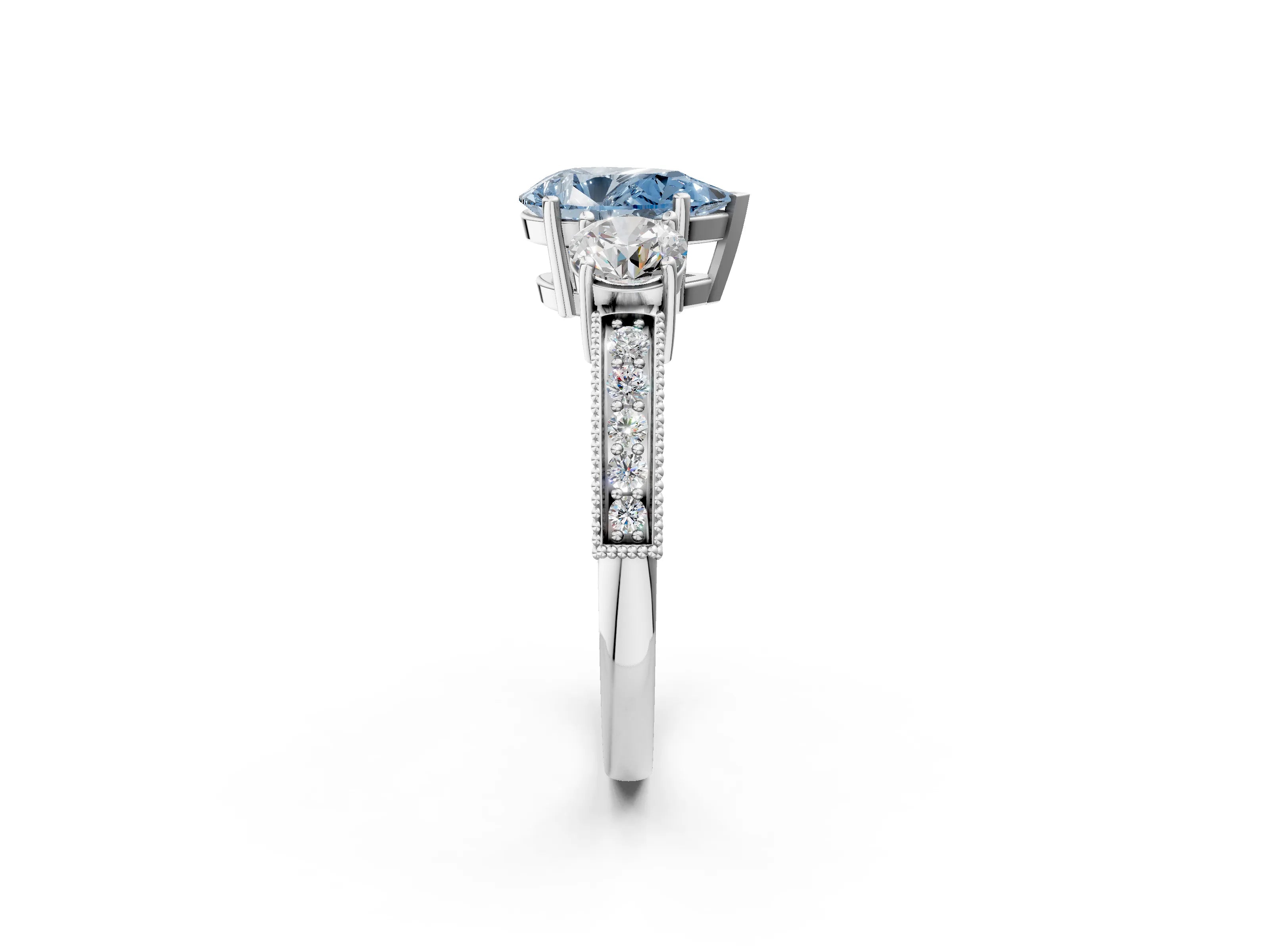White gold Fancy Blue Pear Cut Three-Stone Diamond Ring with Pavé Band and Four-Prong Setting_2