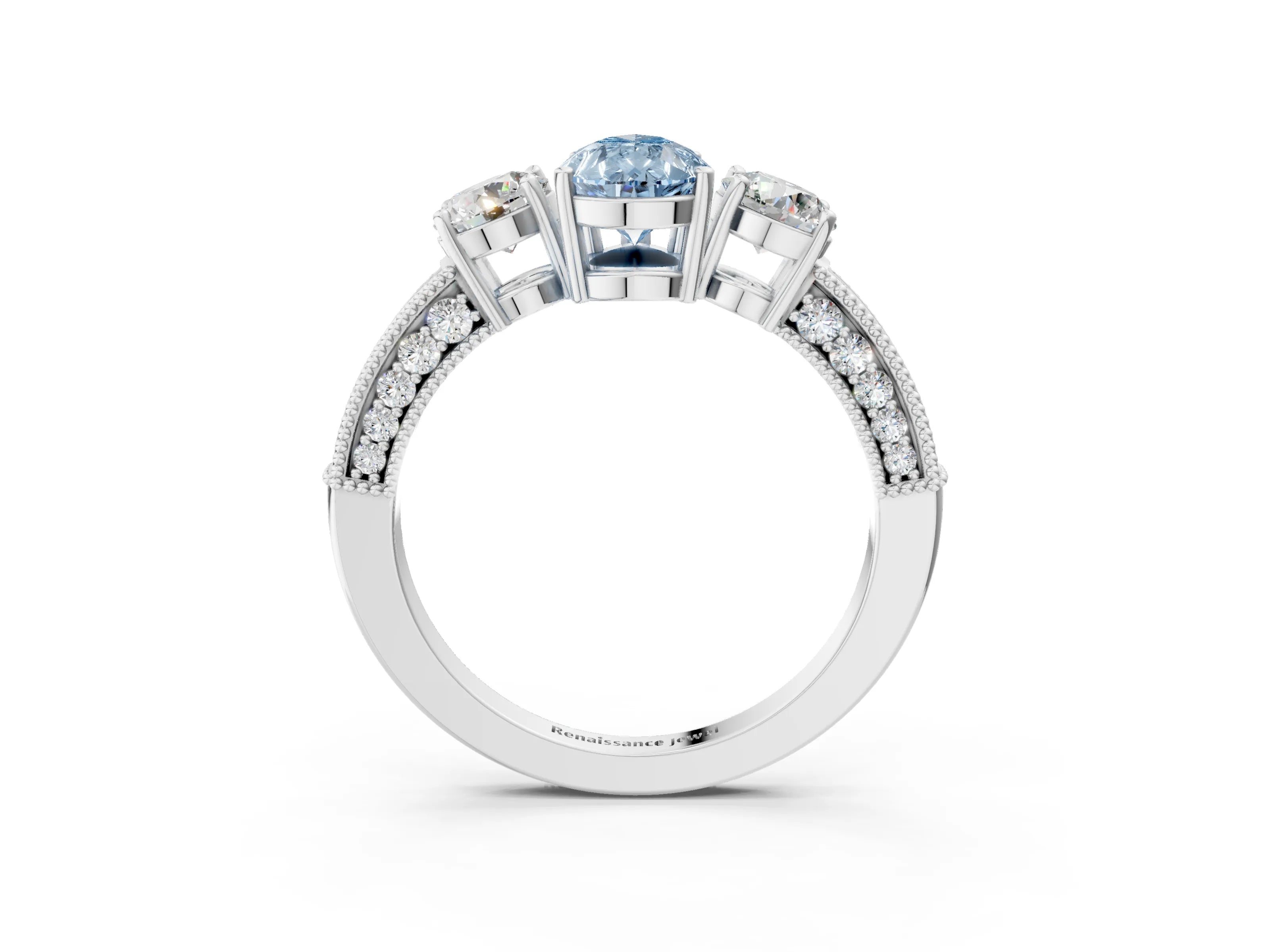 White gold Fancy Blue Pear Cut Three-Stone Diamond Ring with Pavé Band and Four-Prong Setting_3
