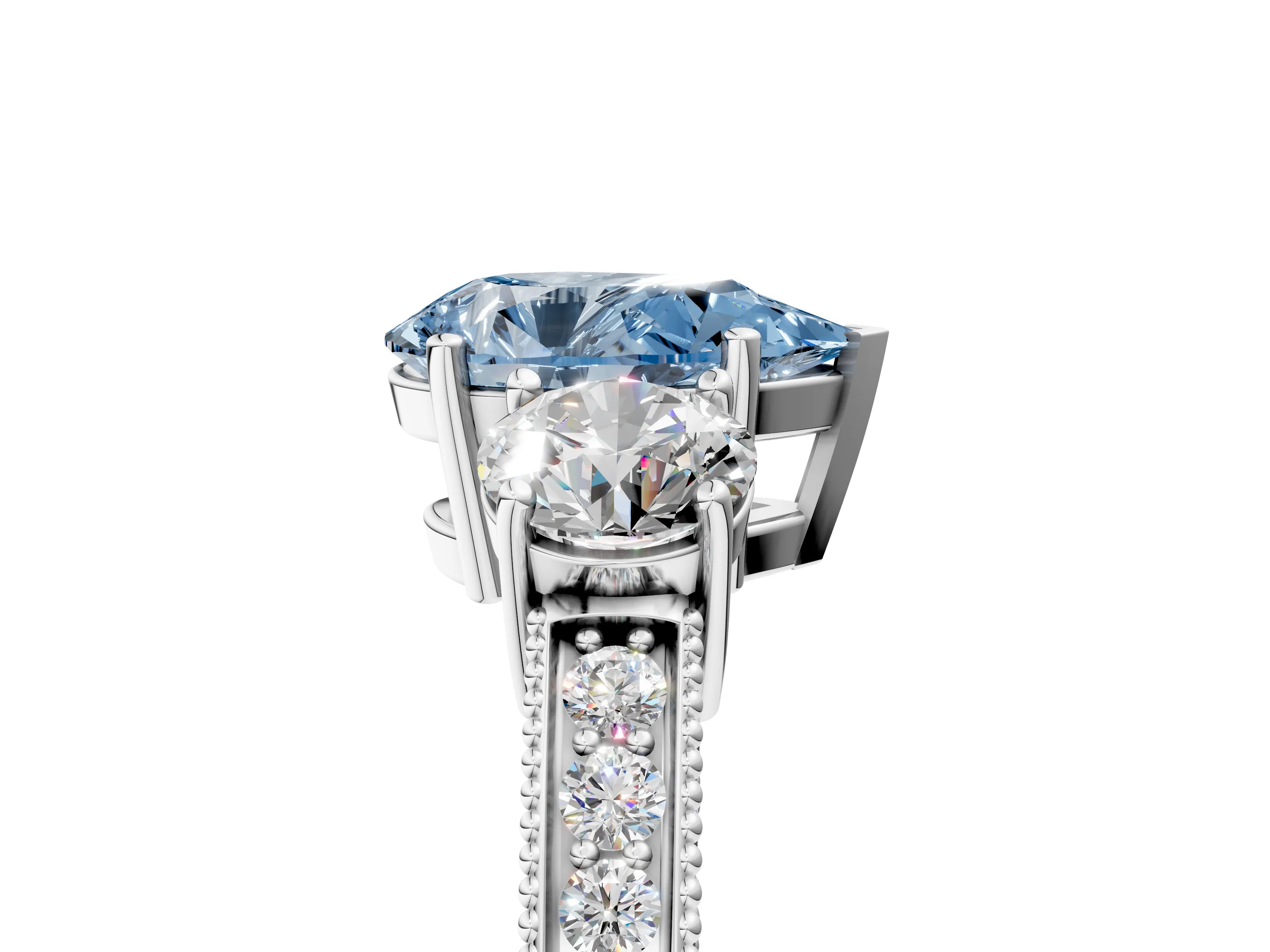 White gold Fancy Blue Pear Cut Three-Stone Diamond Ring with Pavé Band and Four-Prong Setting_5
