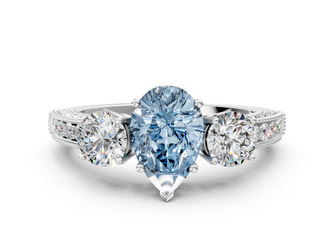 White gold Fancy Blue Pear Cut Three-Stone Diamond Ring with Pavé Band and Four-Prong Setting