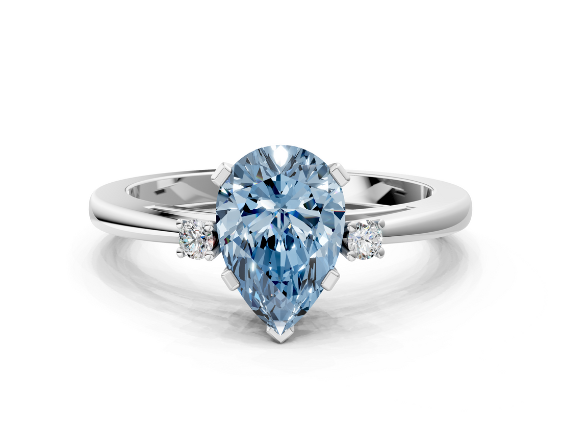 White gold Fancy Blue Pear  Cut Three-Stone Solitaire Ring with Round Accent Diamonds and Four-Prong Setting_20