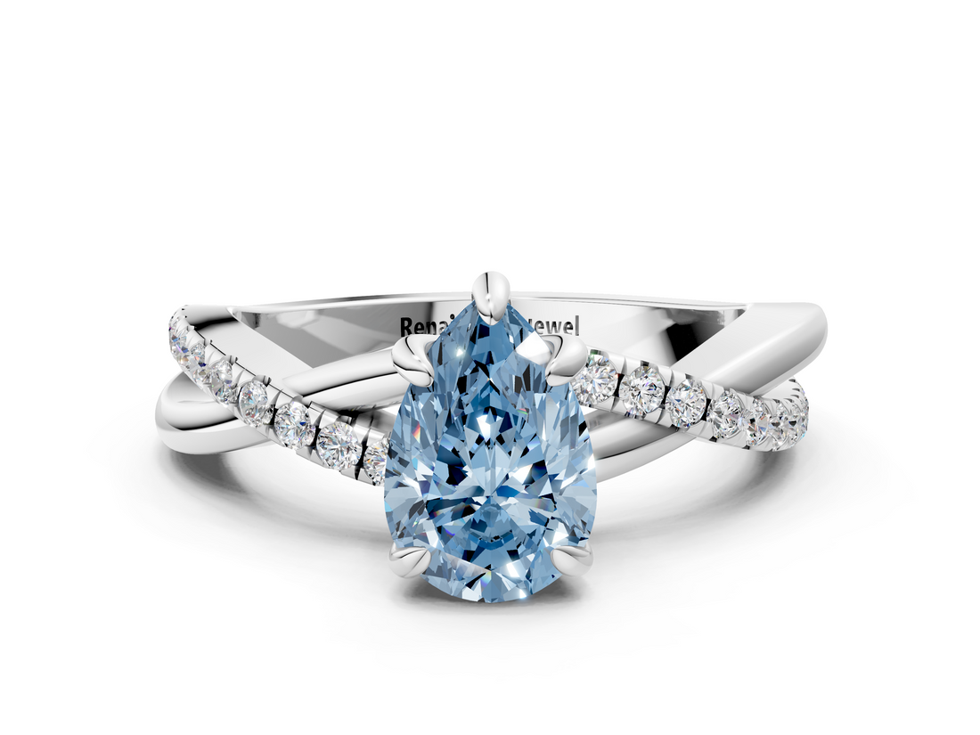 White gold Fancy Blue Pear  Cut Twist Band Solitaire Diamond Ring with Pavé Setting_3