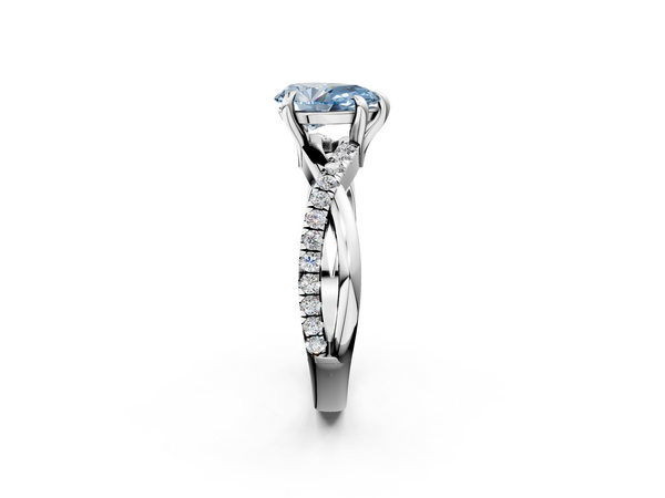 Platinum Fancy Blue Pear  Cut Twist Band Solitaire Diamond Ring with Pavé Setting