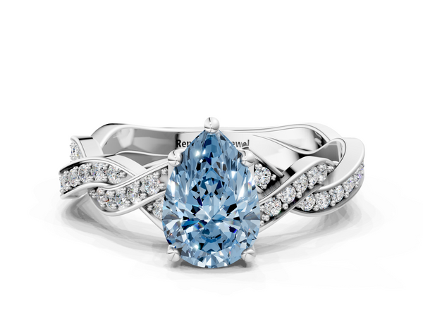 Platinum Fancy Blue Pear  Cut Twisted Pavé Band Solitaire Ring with Four-Prong Setting
