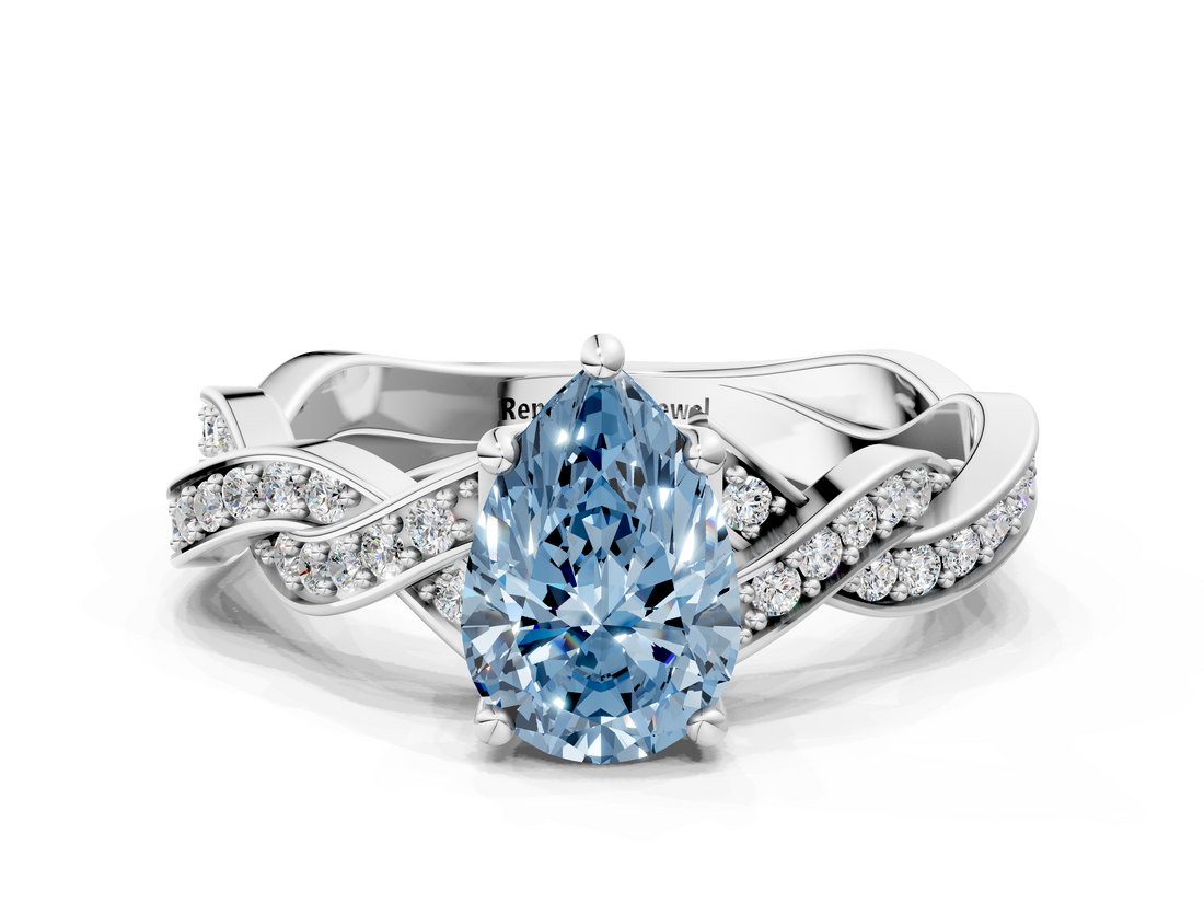 White gold Fancy Blue Pear  Cut Twisted Pavé Band Solitaire Ring with Four-Prong Setting_55