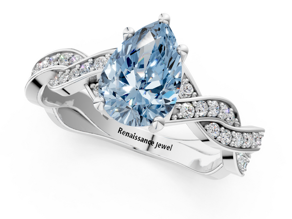Platinum Fancy Blue Pear  Cut Twisted Pavé Band Solitaire Ring with Four-Prong Setting