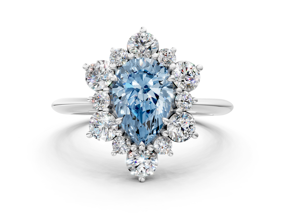 White gold Fancy Blue Pear  Diamond Cluster Halo Ring with Solitaire Band and Four-Prong Setting_19