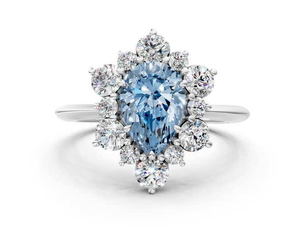 Platinum Fancy Blue Pear  Diamond Cluster Halo Ring with Solitaire Band and Four-Prong Setting