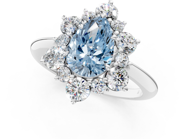 Platinum Fancy Blue Pear  Diamond Cluster Halo Ring with Solitaire Band and Four-Prong Setting