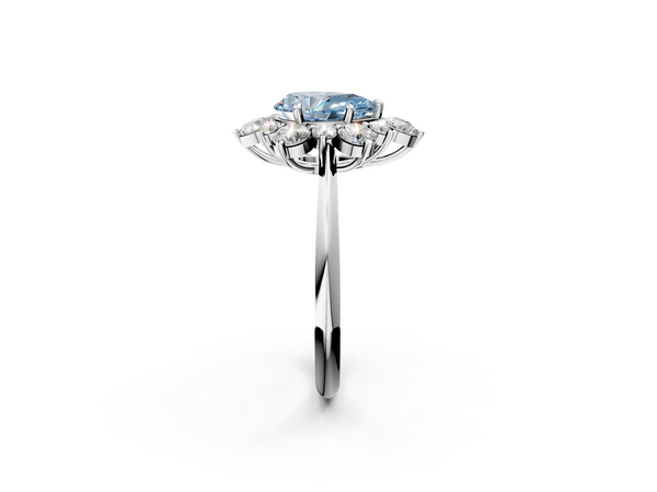 Platinum Fancy Blue Pear  Diamond Cluster Halo Ring with Solitaire Band and Four-Prong Setting