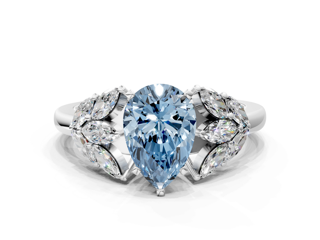 White gold Fancy Blue Pear  Diamond Cluster Leaf Design Ring with Prong Setting_53