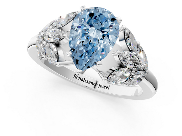 White gold Fancy Blue Pear  Diamond Cluster Leaf Design Ring with Prong Setting