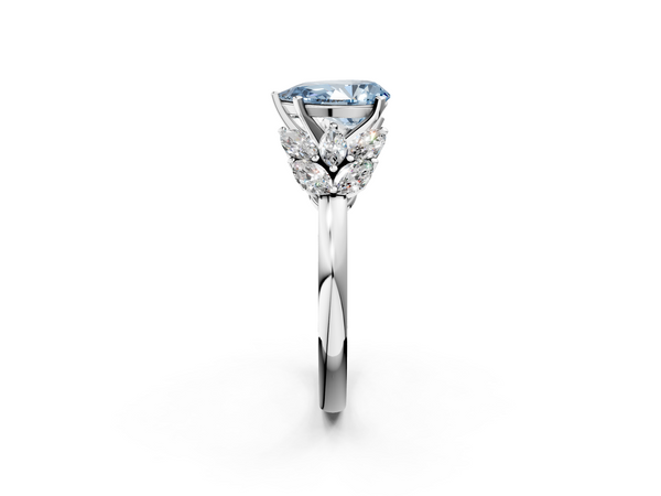 White gold Fancy Blue Pear  Diamond Cluster Leaf Design Ring with Prong Setting