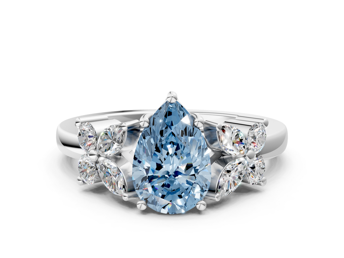 White gold Fancy Blue Pear  Diamond Floral Cluster Ring with Solitaire Band and Prong Setting_31