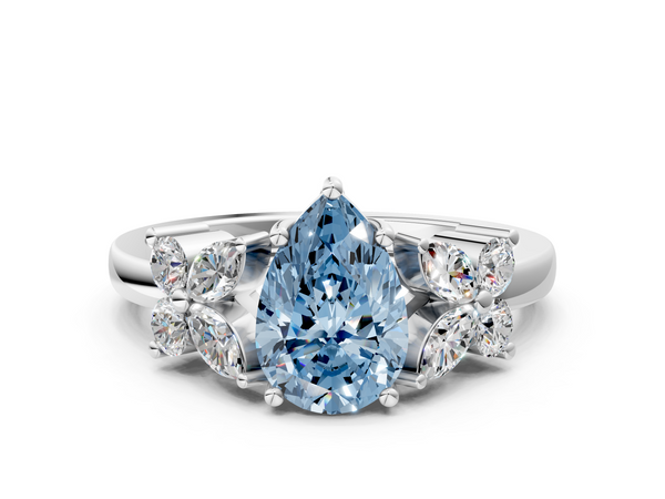 White gold Fancy Blue Pear  Diamond Floral Cluster Ring with Solitaire Band and Prong Setting