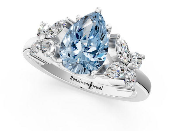 White gold Fancy Blue Pear  Diamond Floral Cluster Ring with Solitaire Band and Prong Setting